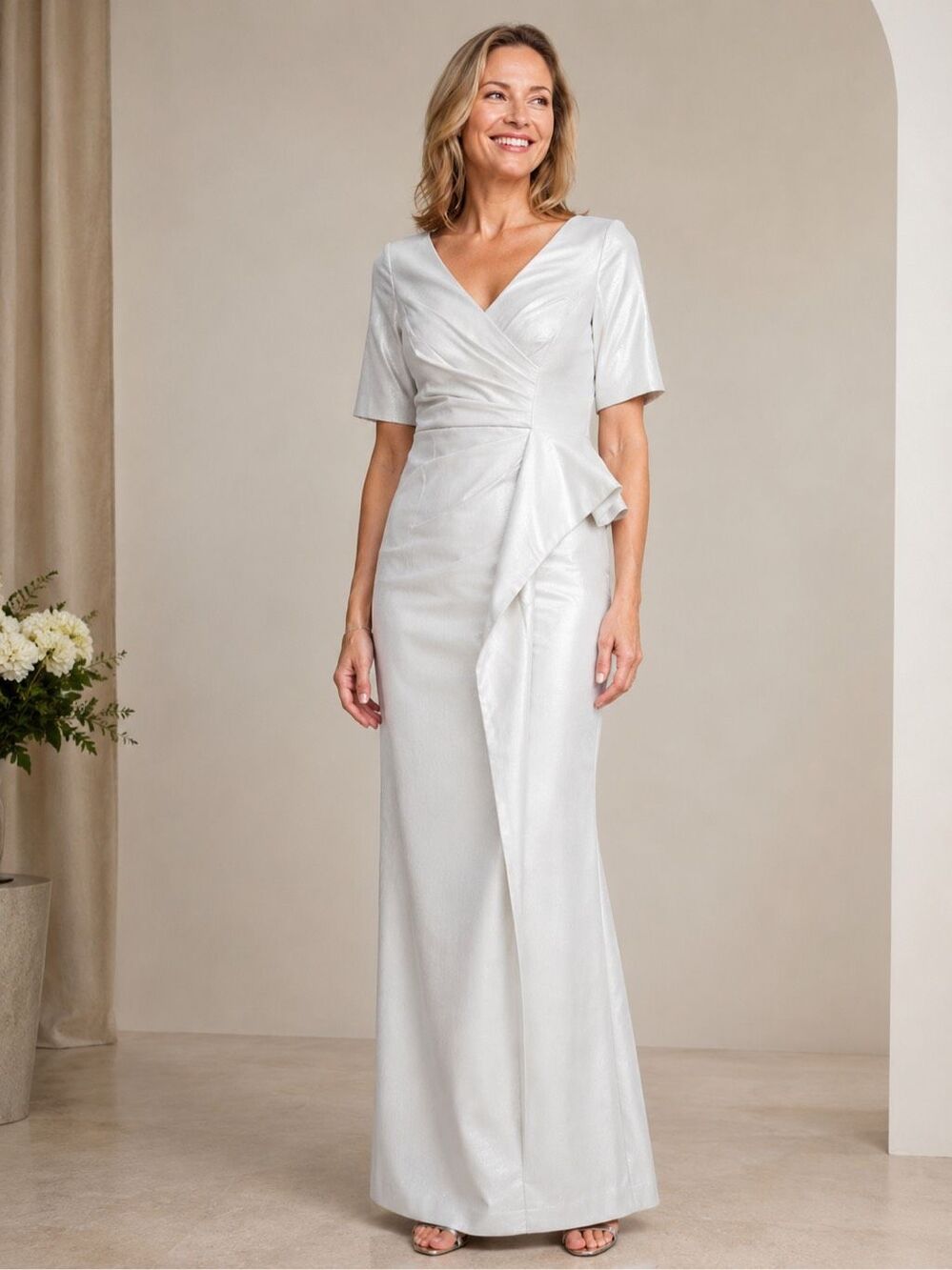 NWT Aidan Mattox Silver Shimmer Sheath Gown V-Neck Dress Sz 10 Mother of Bride F